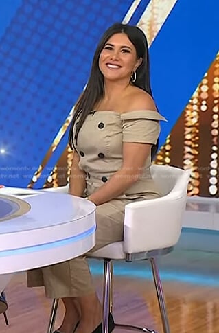 Joelle Garguilo's beige off-shoulder jumpsuit on Today