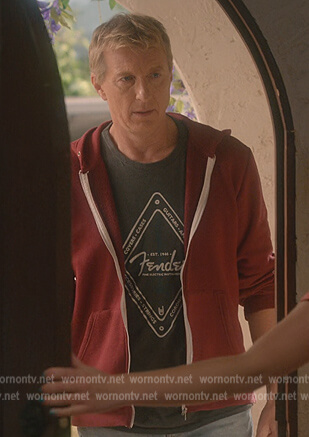 Johnny's khaki Fender diamond print tee on Cobra Kai
