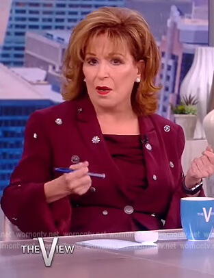 Joy's maroon embellished blazer on The View