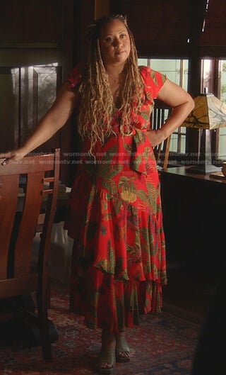 Karen's red tropical print tiered dress on 9-1-1