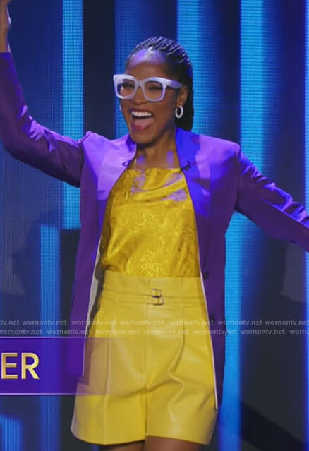 Keke Palmer's yellow leather shorts and purple blazer on Password