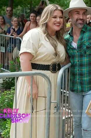 Kelly's beige smocked waist dress on The Kelly Clarkson Show