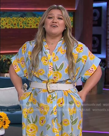 Kelly's blue floral print dress on The Kelly Clarkson Show