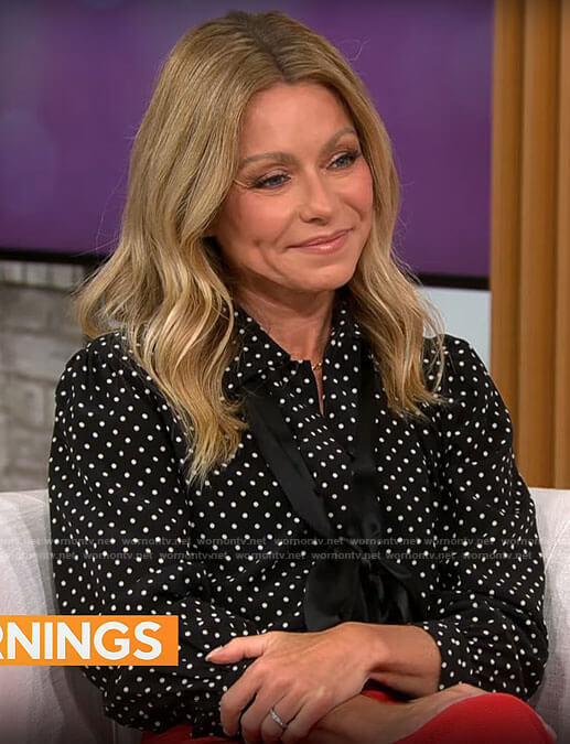 Kelly Ripa's polka dot blouse and red pencil skirt on CBS Mornings