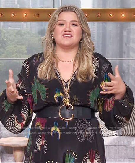 Kelly's black floral print jumpsuit on The Kelly Clarkson Show