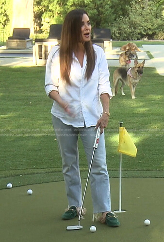 Kyle's green velvet mules with fur on The Real Housewives of Beverly Hills