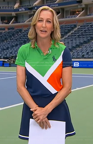 Lara's green, orange and navy colorblock polo shirt and skirt on Good Morning America