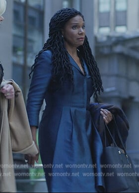Liz's navy flare dress on The Good Fight