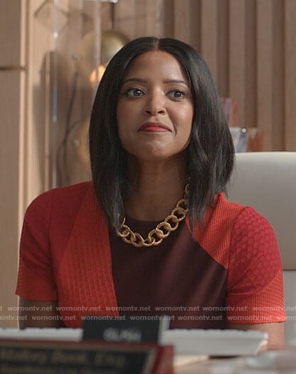 Mallory's red colorblock top on She-Hulk Attorney at Law