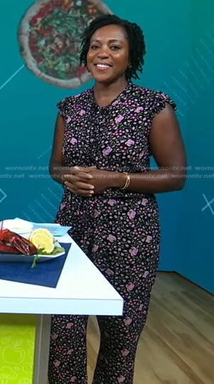 Maya Feller's black floral print jumpsuit on Good Morning America