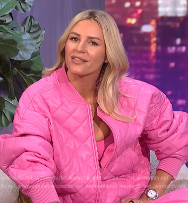 Morgan's pink quilted bomber jacket on E! News Nightly Pop