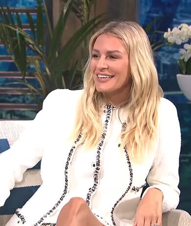 Morgan's white contrast trim tweed dress and jacket on E! News Daily Pop