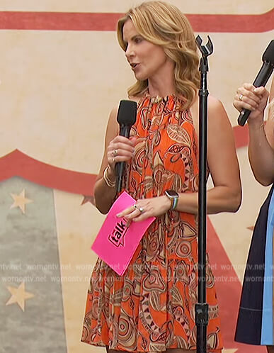 Natalie's orange printed mini halter dress on The Talk