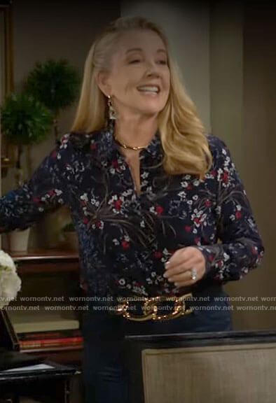 Nikki's navy floral print button down blouse on The Young and the Restless