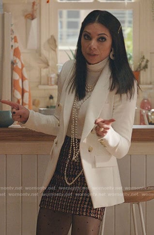 Nikki's white blazer and tweed houndstooth mini skirt on She-Hulk Attorney at Law