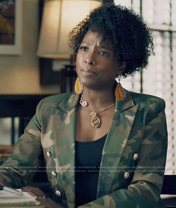 Nova's camo blazer with gold buttons on Queen Sugar
