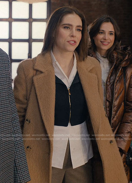 Rachel's long brown coat on Partner Track
