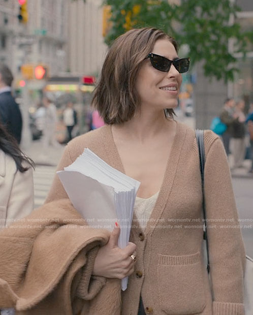 Rachel's camel cardigan and sunglasses on Partner Track