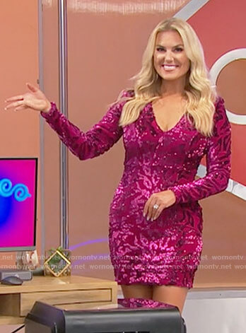 Rachel's pink long sleeve mini dress with sequins on The Price is Right