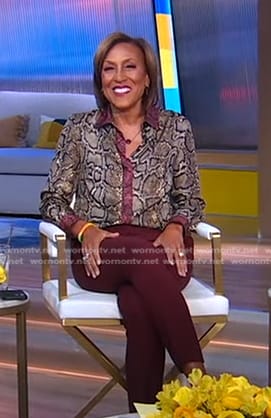 Robin's snake print blouse and burgundy pants on Good Morning America