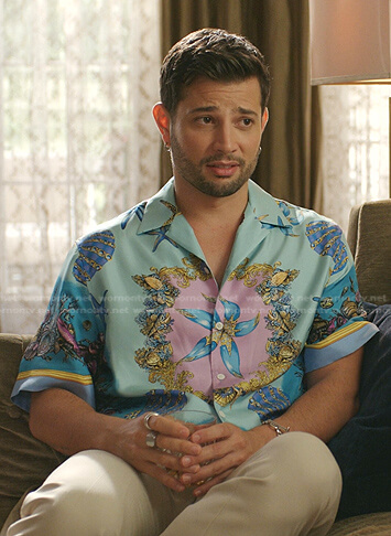 Sam's blue shell print shirt on Dynasty