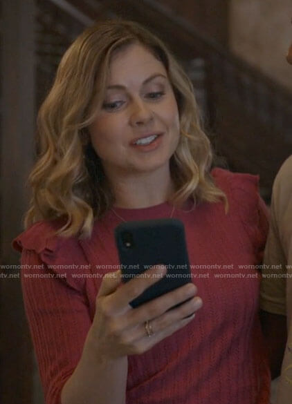 Sam's pink ruffle shoulder sweater on Ghosts