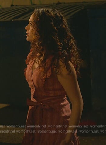 Samantha's pink striped ruffled dress on Cobra Kai