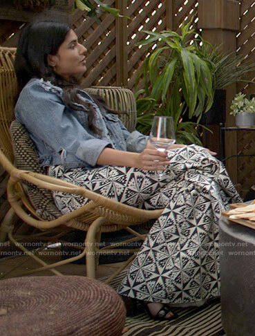 Sam's friend's geometric printed flare pants on American Horror Stories