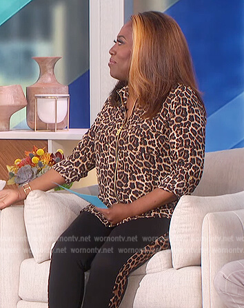 Sheryl's leopard print zip down blouse on The Talk