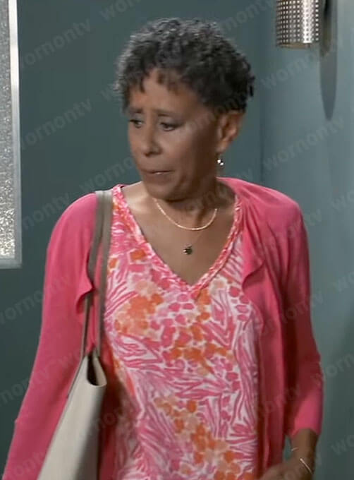 Stella's pink floral v-neck top and cardigan on General Hospital