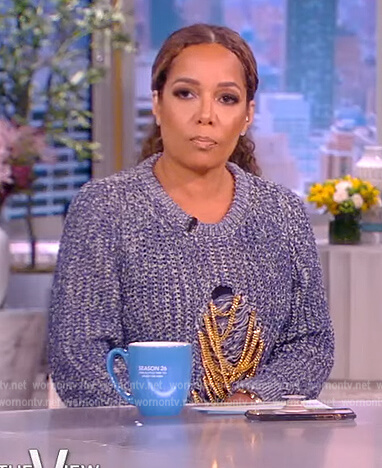 Sunny's blue chain embellished distressed sweater on The View