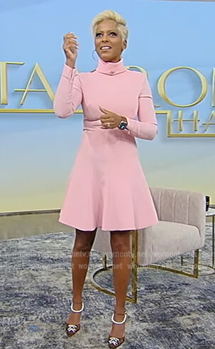 Tamron's pink fit and flare dress on Tamron Hall Show