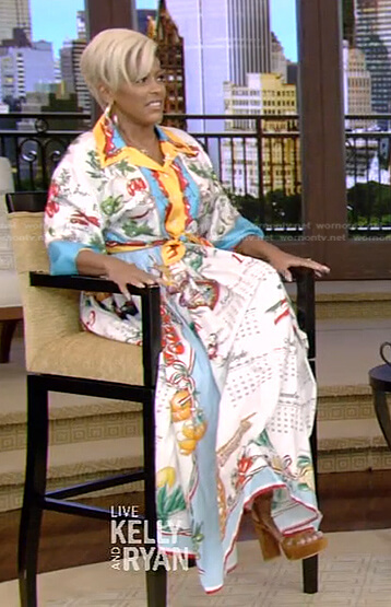 Tamron Hall's vegetable print blouse and skirt on Live with Kelly and Ryan