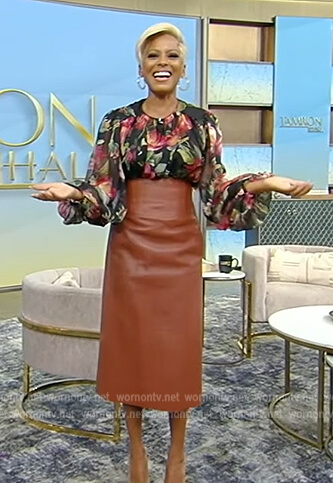 Tamron's black floral print blouse on Tamron Hall Show