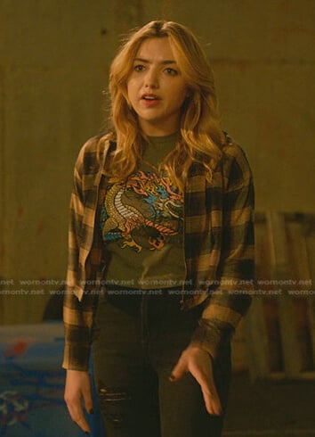 Tory's green dragon print tee on Cobra Kai