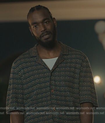 Trig's teal geometric print shirt on The Chi