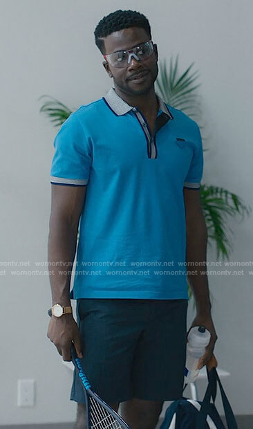 Tyler's blue stripe trim polo shirt on Partner Track