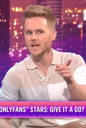 Zach Noe Tower's beige colorblock polo on E! News Nightly Pop