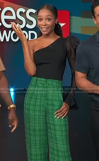 Zuri's black top and green plaid tweed pants on Access Hollywood