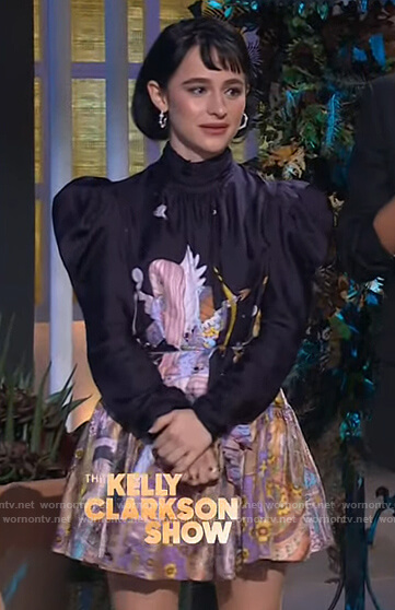 Sophia Anne Caruso's black printed mini dress on The Kelly Clarkson Show