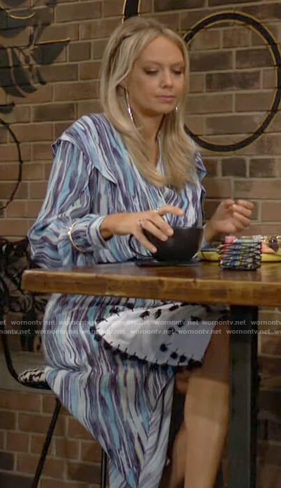 Abby's blue brushstroke print wrap dress on The Young and the Restless