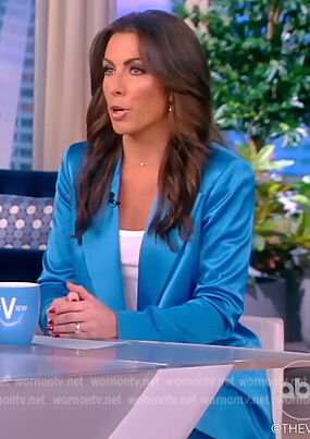 Alyssa's blue satin blazer and pants on The View