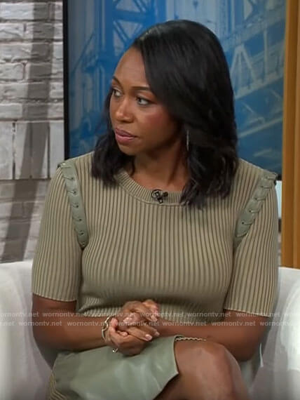 Amanda Warren's green leather panel dress on CBS Mornings