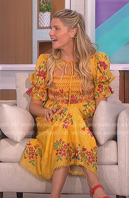 Amanda's yellow floral print tie neck dress on The Talk