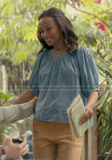 Amy's blue embroidered top on From Scratch