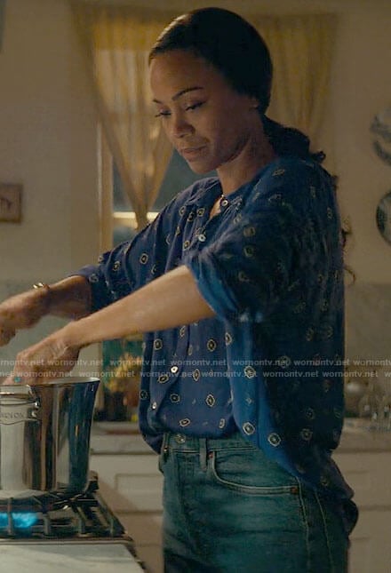 Amy's blue printed button down shirt on From Scratch