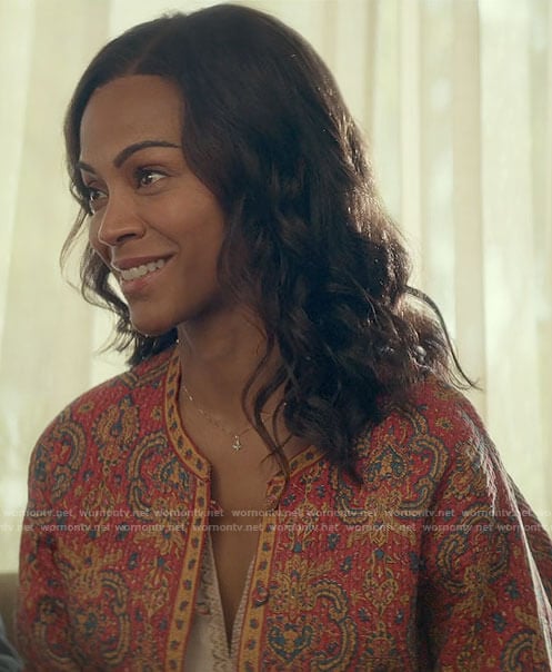 Amy's red paisley print jacket on From Scratch