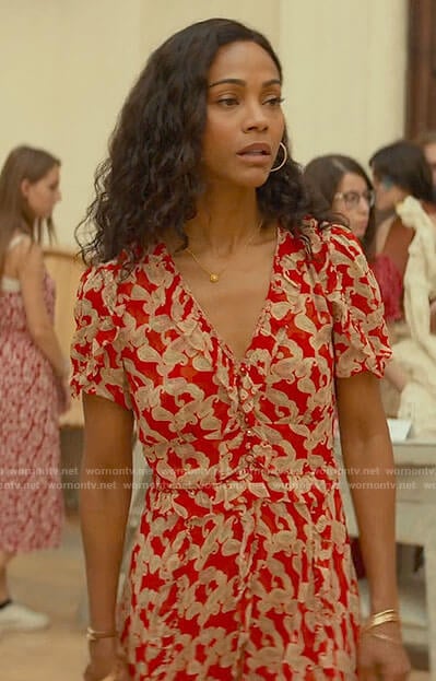 Amy's red printed v-neck dress on From Scratch