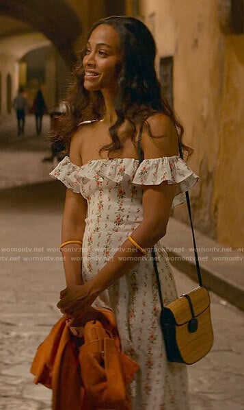 Amy's white floral off-shoulder dress on From Scratch