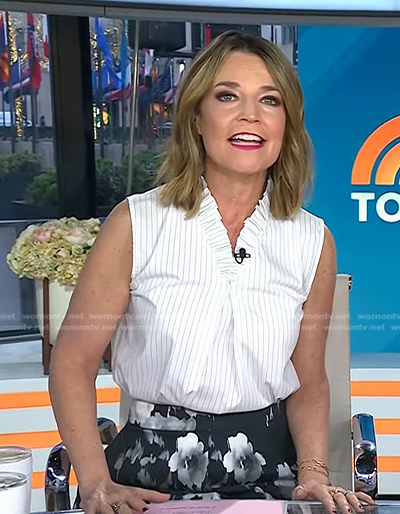 Savannah’s white pinstripe frilled top and floral skirt on Today